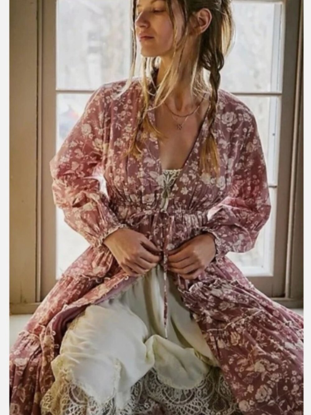 Free People Pappiet Bohemian Floral Tie-Front Dusty Rose Maxi Dress Size S - NEW